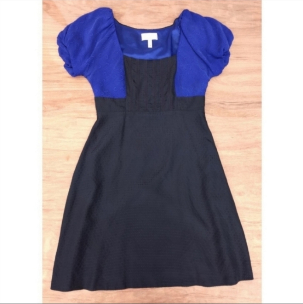 Anthropologie Moulinette Soeur silk blue black fit flare short sleeve mini dress